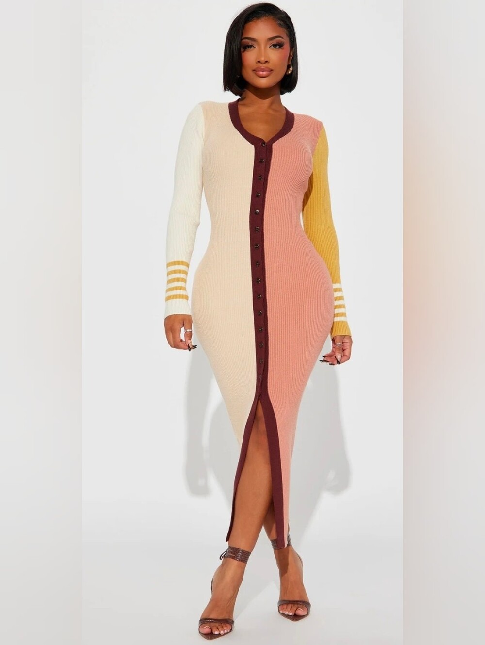 Fashion Nova Colorblock Rib Knit Midi Dress in Cream, Pink & Mustard